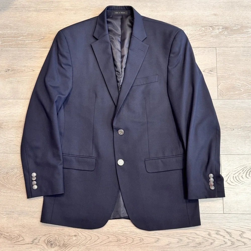 MICHAEL KORS Mens Navy Classic Wool Blend Suit Separate Blazer 40R Silver Button